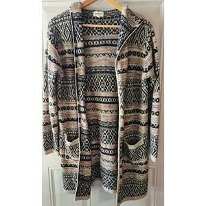 Adora Cardigan Sweater Women's M Hooded Open Front Boho Aztec Duster Knit
